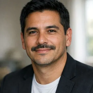 Latino man in his early 40s, dark mustache, short black hair, calm expression, dark bla…