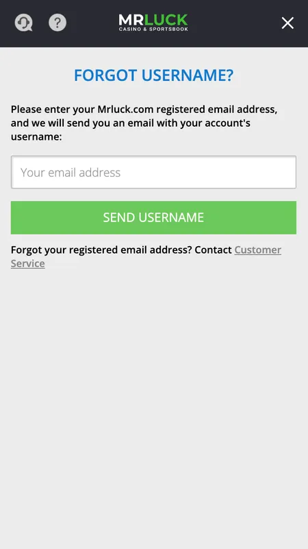 Mr Luck forgot username recovery screen
