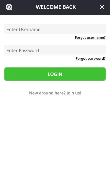 Mr Luck login form on desktop