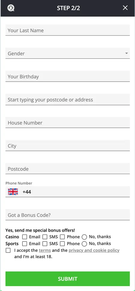 Mr Luck registration step two - responsible gambling limits